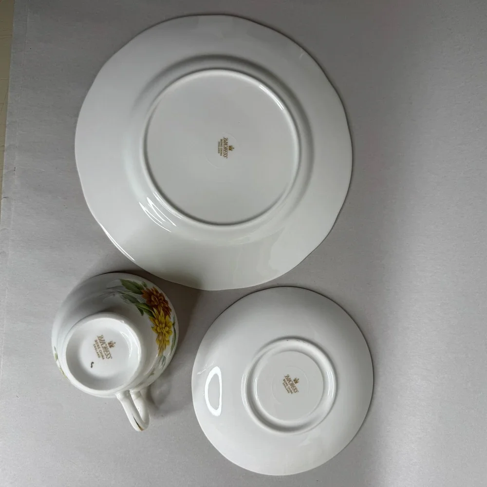 Duchess Bone China England Tea Cup Saucer and Plate Trio Yellow Floral Gold Trim